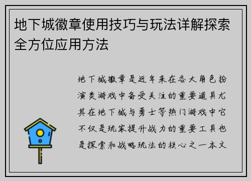 地下城徽章使用技巧与玩法详解探索全方位应用方法