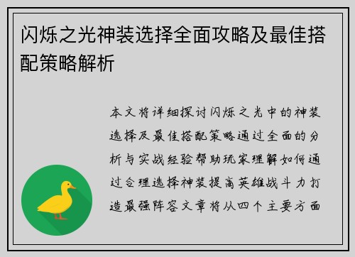 闪烁之光神装选择全面攻略及最佳搭配策略解析
